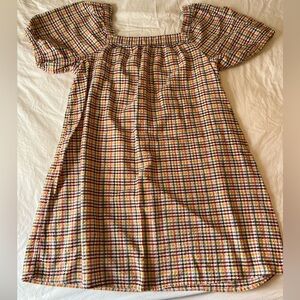 Textured Dobby-Gingham Puff-Sleeve Swing Dress
